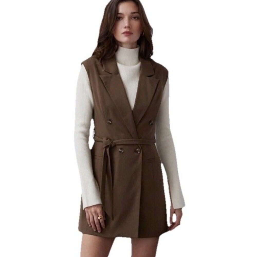 Crescent Sleeveless Vest Blazer Dress M Brown Twee Preppy